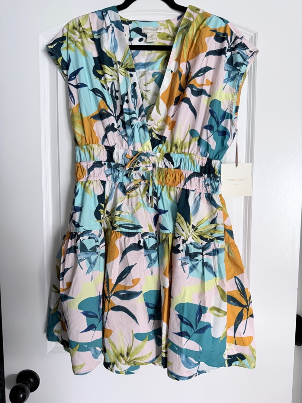 Cynthia Rowley Pastel Floral Tie-Waist Dress in Teal, Light Green & Blush